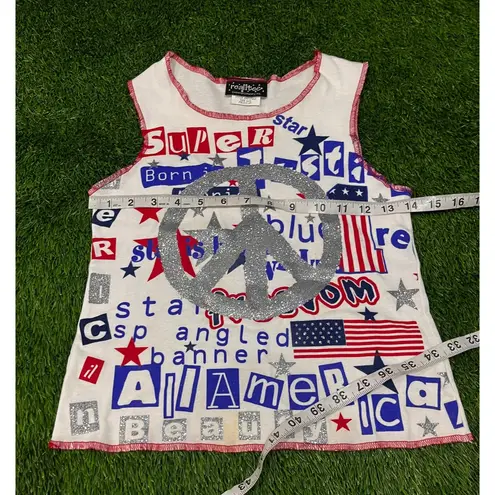 Realitee Y2K USA Patriotic Peace Sign Tank Top Glitter Stars Stripes Made USA M White Size M