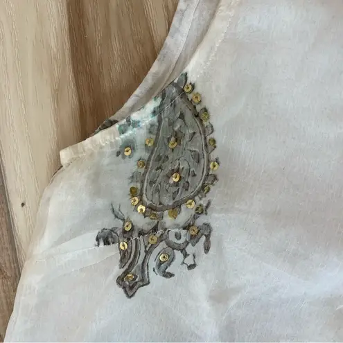 Vijay Singh White Dress With Paisley Print W/ Beading Sequins Light Weight SZ S