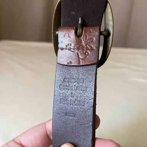 Vintage Floral Cutout Brown Leather Belt w/ Brass Buckle 1.25" Large