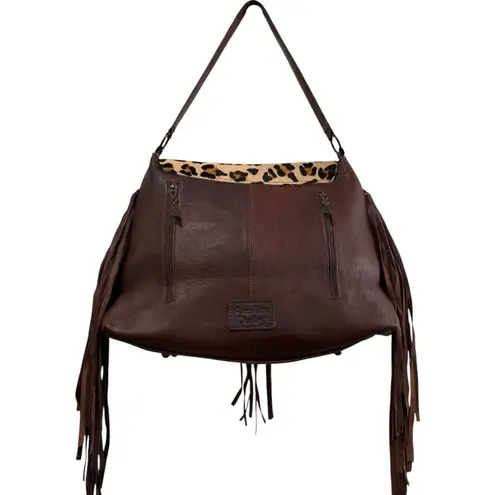 New American Darling LRG Tooled Leopard Calf Hair Leather Western Boho Bag $329 Brown