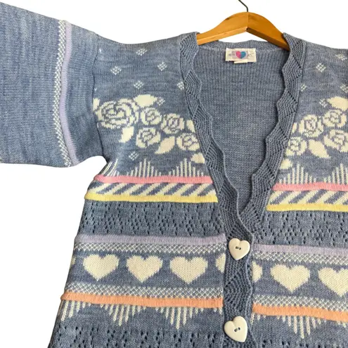 Vintage Heartworks L Crochet Cardigan Sweater Pastel Grannycore Cutesy Kawaii Blue Size L