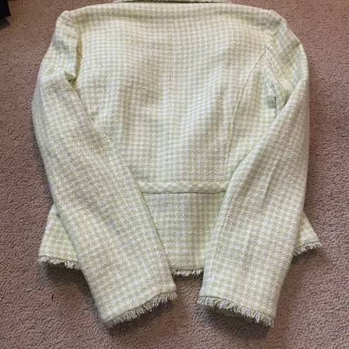 Y2K vintage Mint Green Tweed silk Blazer with Fringe Detail gold buttons Size 4