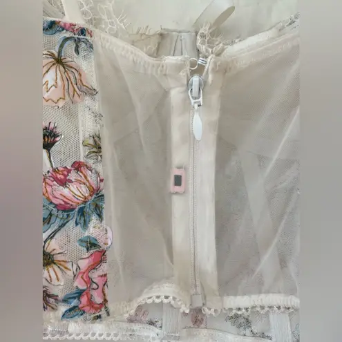 Victoria's Secret  CREAM FLORAL UNLINED WIRED BRA TOP CORSET ZIP BACK 34B 32C