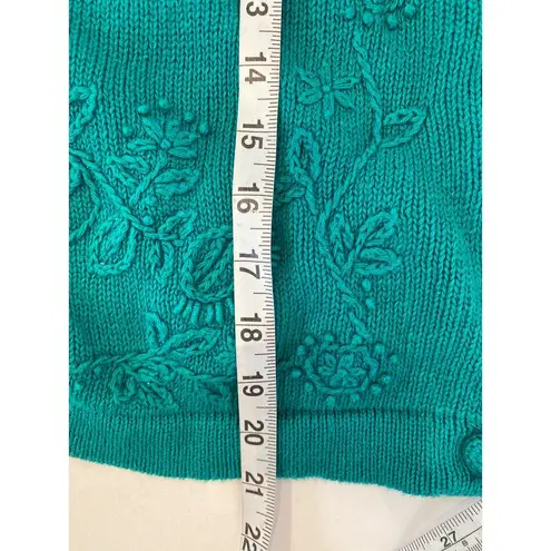 Vintage Floral Embroidered Teal Cardigan Sweater EUC Sz M Button Down Knitted Size M