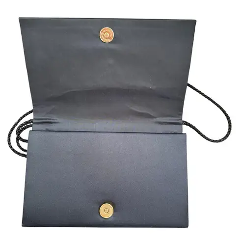 Vintage 60s Black Satin Pleated Purse Clutch Gold Tone Rhinestone Infinity Clasp