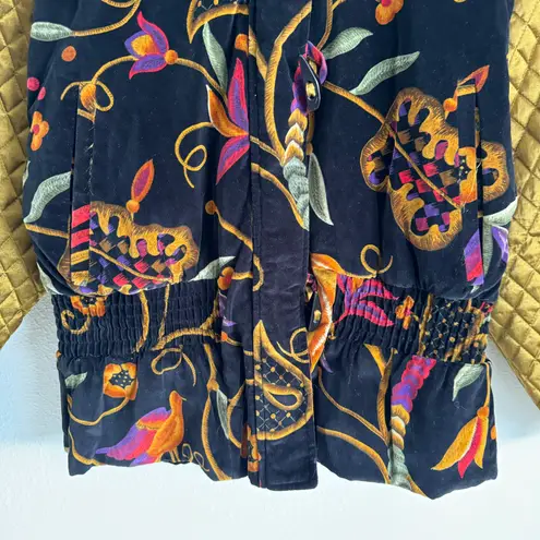 London Fog Vintage Black Gold Velvet Quilted Toggle Button Paisley Bird Jacket