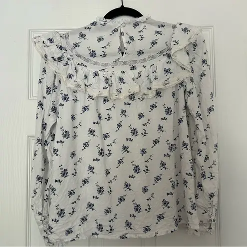 Andion White and Blue Ruffled Bib Lace Collar Blouse Floral
