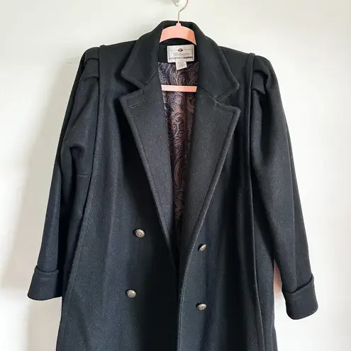 Vintage Black Double Breasted Long Wool Coat Pleated Puff Shoulder sz 8 Petite