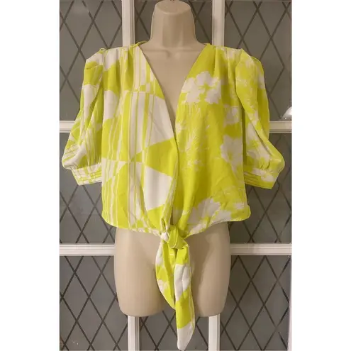 Tropical Mixed print puff sleeve tie front crop top neon green size medium