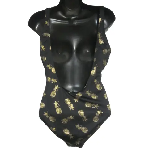 City Streets Pineapple One Piece Swimsuit Black Gold Scoop Back S