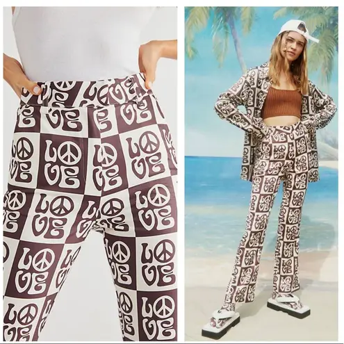 NWT House Of Sunny All You Need Is Love Peace Sign 70s Flare Pant Size 8 Vintage Brown