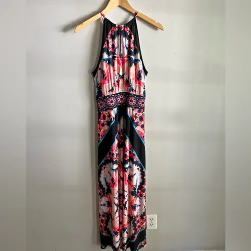 London Times Geometric Halter Maxi Dress Pink Blue Black Size 10 Boho