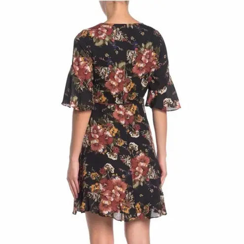 June and Hudson Wrap Dress Floral Mini Black Orange Brown Size M New w/Tag