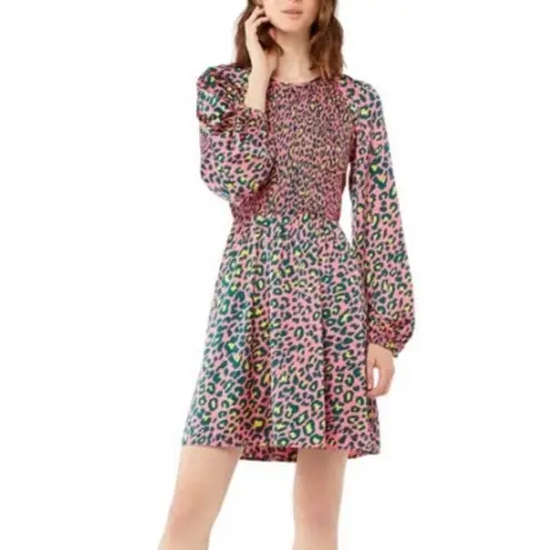NEW Scoop Smocked Pink Leopard Print Long Sleeve Mini Dress