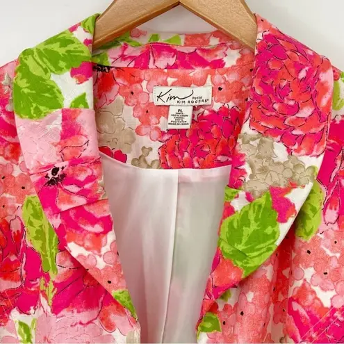 kim rogers Petite 100% linen pink floral open front lightweight blazer jacket L