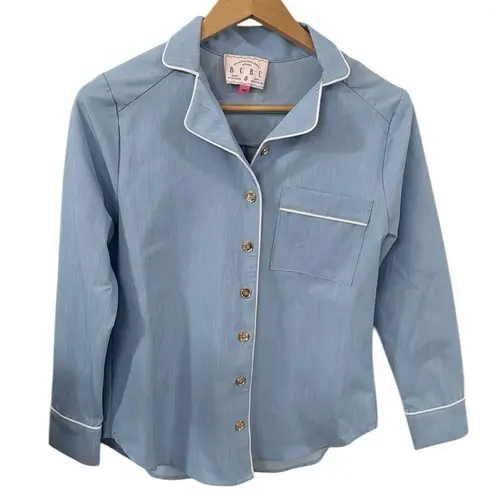 Buru Mel Denim Chambray Contrast Piping Button Down Blouse size XS Blue