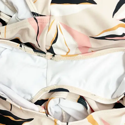 Janela Bay One Piece Swimsuit Size Large Beige Pink Black Leaf Print Tie Back Tan