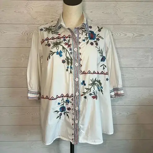 Eshakti Wayward Fancies floral Embroidered poplin button front shirt Size XL