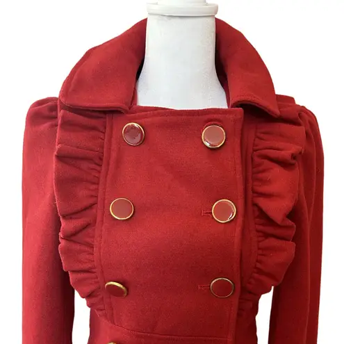 Say What? Red double-breasted ruffle coquette romantic feminine wool blend pea coat XS