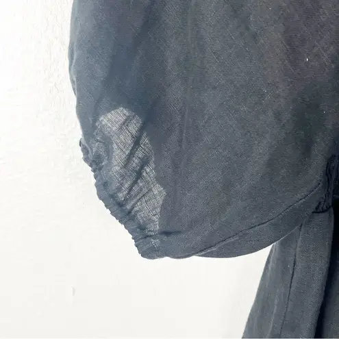 Aura Classic Black 100% Linen Smocked Top Puff Elastic Cuff Sleeve Dress Medium