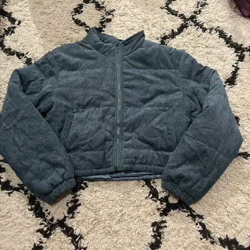 Blue Corduroy Cropped Puffer Jacket Size L