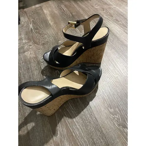 Classic Black Strappy Sandals with Cork Wedge Heel