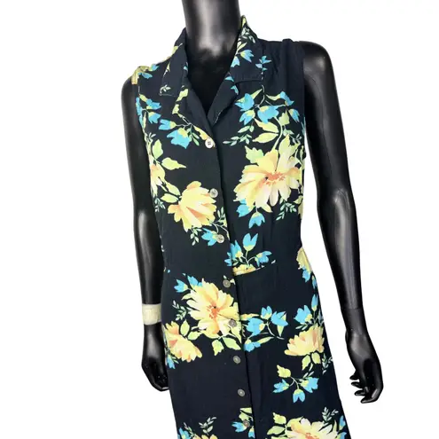Original Island Sports Floral Sleeveless Button Down Maxi Dress Size 14 Rayon Black
