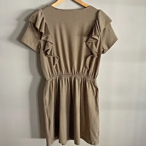 Doe & Rae Striped Ruffle Sleeve Mini Dress Tan White Short Sleeve Pockets S