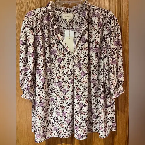 MELLODAY Floral Print Ruffle Short Sleeve Smocked Blouse in Ivy Purple Size 2X