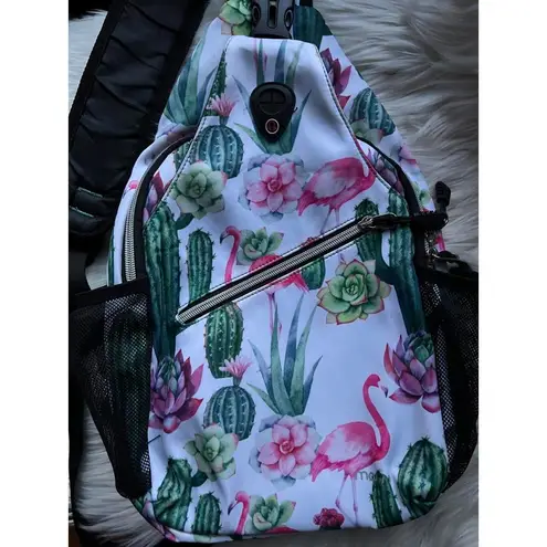Masiso Sling Bag with Flamingo and Succulent Print White
