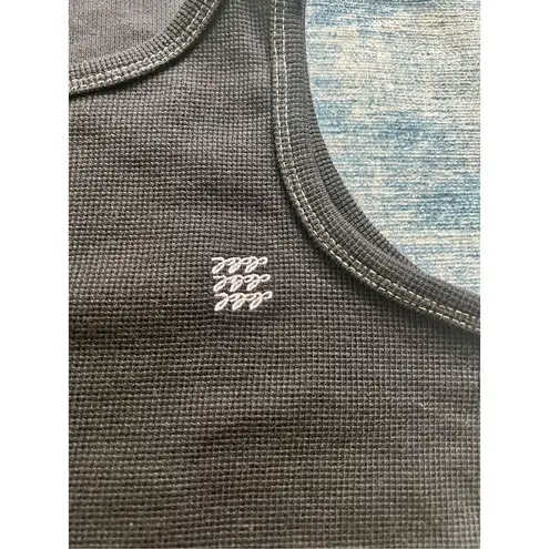 Pazzo Black Asymmetrical Waffle Knit Crop Top with Contrast Stitching Medium Black