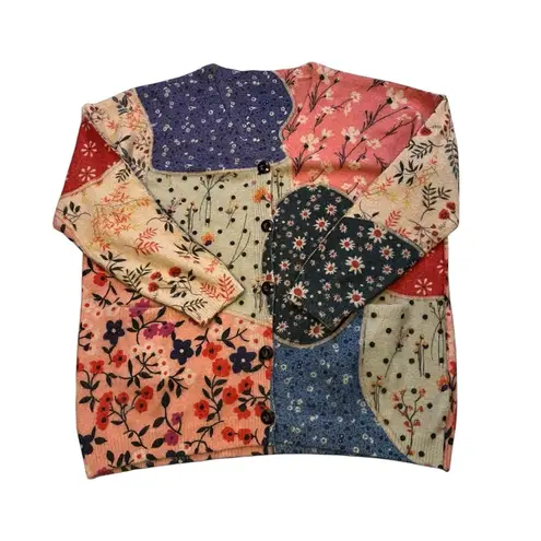 Yesno Button Down Oversized Cotton/Wool Blend Boho Patchwork Print Cardigan