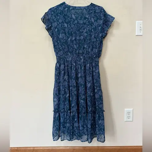 Beautiful feminine dress by Voy, pretty mallard blue floral print size8 Size L