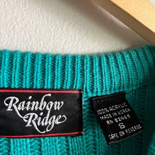 Vintage Rainbow Ridge Teal Rose Sweater 80s Cable Knit Embroidered Floral Sz S Blue