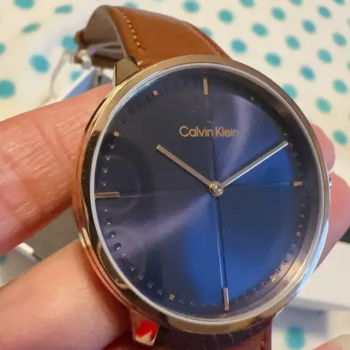 Calvin Klein  Watch Leather Band Blue Dial Gold Tone Case NIB
