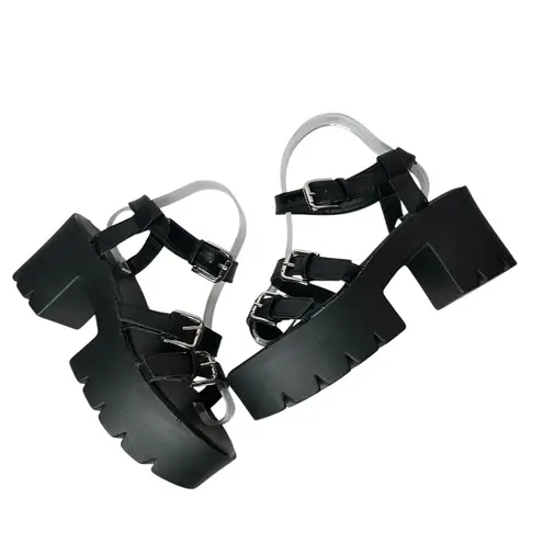 New Faux Leather Chunky Black Platform Sandals 8 Strappy Design