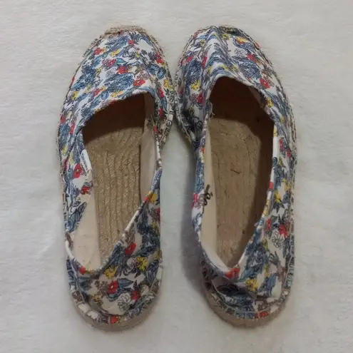 Soludos Multicolored Floral Leaf Print Canvas Jute Slip On Flat Espadrilles