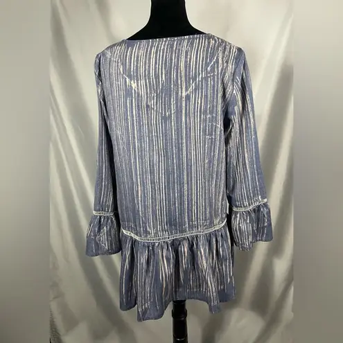 Mystree Boho Bohemian Women’s Shirt Denim Rustic Worn Look Bell Sleeves Sz L NWT