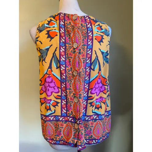 Haute Hippie Style M Sleeveless Button Back Boho Floral Blouse Top whimsi Y2K