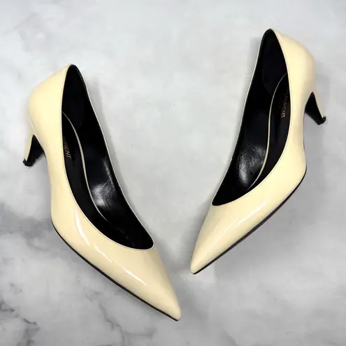 Saint Laurent Charlotte 55 Patent Leather Pointed Toe Kitten Heel Pumps Ivory - Image 3