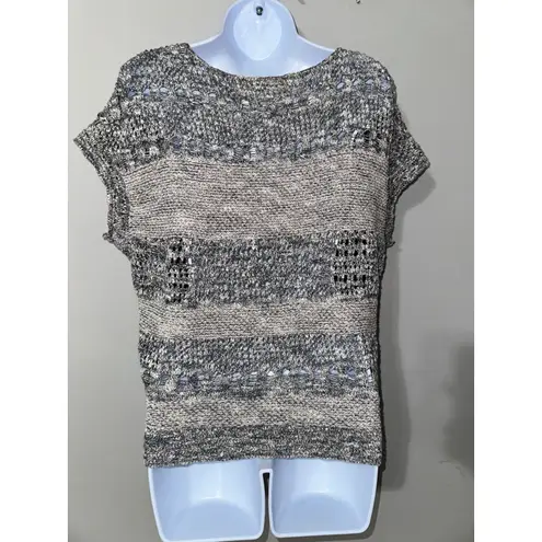 Inhabit Women's Knit Top Beige Gray Striped Short Sleeve Pullover Sweater Sz s Tan