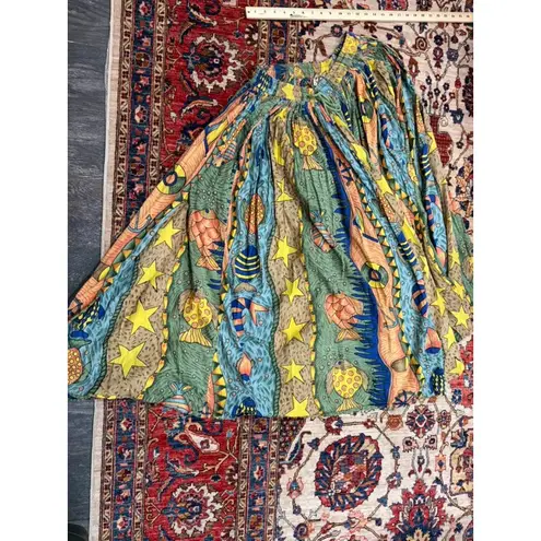 Vintage Karat India Boho Full Skirt Ocean Fish Star Print Cotton Maxi Free Size Green Size undefined
