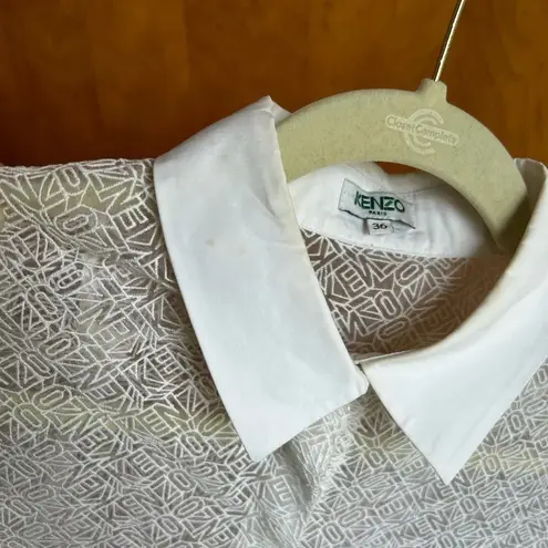 KENZO WHITE SHEER LOGO SHORT SLEEVE BUTTON FRONT BLOUSE Size XS