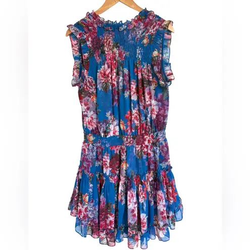 MISA Los Angeles Sabine in Digital Print Floral Blue Pink Mini Dress L Large