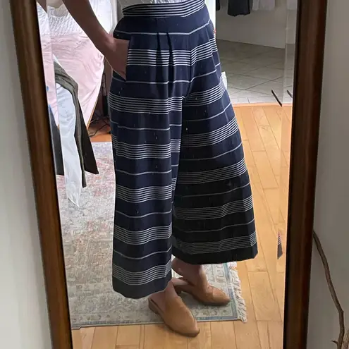 Vintage 40s 50s Navy White Striped High Waisted Pleated Wide Leg Cropped Pants Blue Size 26
