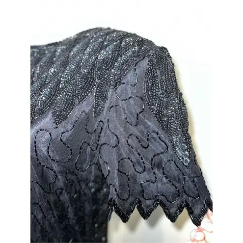 100% Silk Vintage Women’s Black Beaded Open Back MIDI Dress LARGE