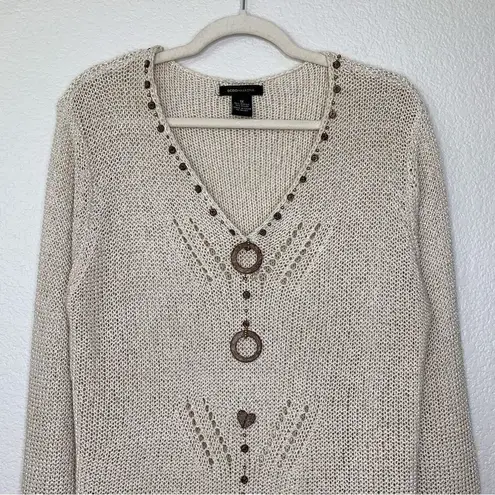 BCBGMAXAZRIA  Cream Open Knit V-neck Sweater