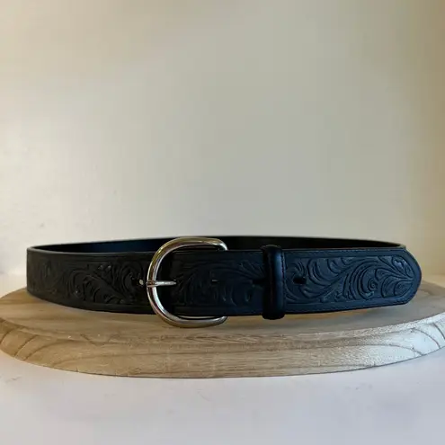 Silver Creek USA Made Floral Tooled Black Genuine Leather Silver Belt Size Large