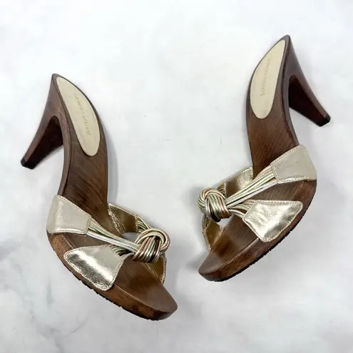 Giorgio Armani NEW Y2K Vintage Leather Wooden Knot Platform Mule Sandal Heels 37