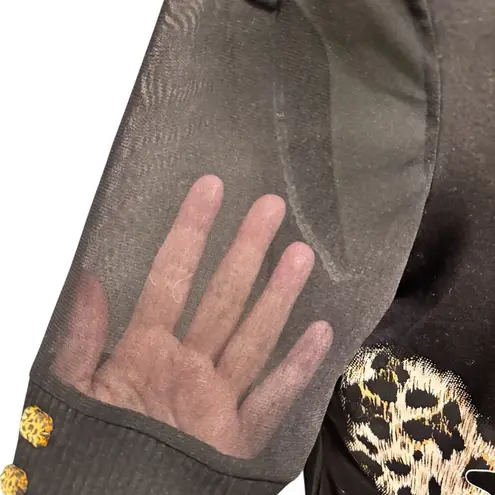 Joseph Ribkoff Black Leopard SS Hoodie Knit Top Jacket Sz 10 Sheer Sleeve Dressy